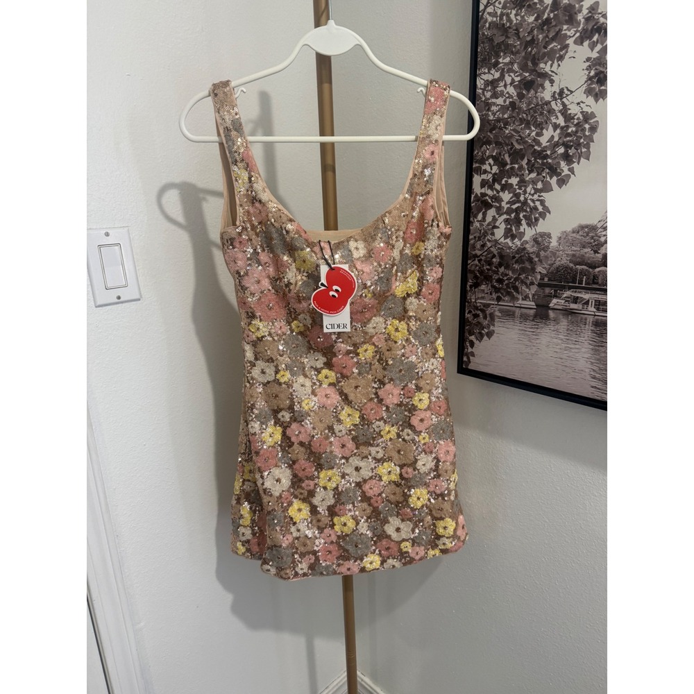 Cider Floral Sequin Mini Dress Pink Yellow Gold Scoop Neck Side Slit Small NWT